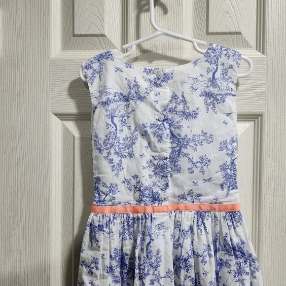 Carter's Girls 6X Blue Toile Print Dress Coral Ribbon Bow Sleeveless Cotton - Picture 7 of 9